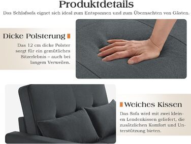 Диван-ліжко 186 x 122 см з 5-позиційним регулюванням спинки, диван-ліжко 3-в-1 з подушками та бічною кишенею, сірий лляний диван для гостьових кімнат та невеликих приміщень