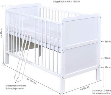 Комплект дитячого ліжка Generic Baby Deluxe, дитяче ліжко 60x120 см, що трансформується в дитяче ліжко, біле, 10 предметів, комплект постільної білизни Max, матрац, шифоновий балдахін (блискучий рожевий)