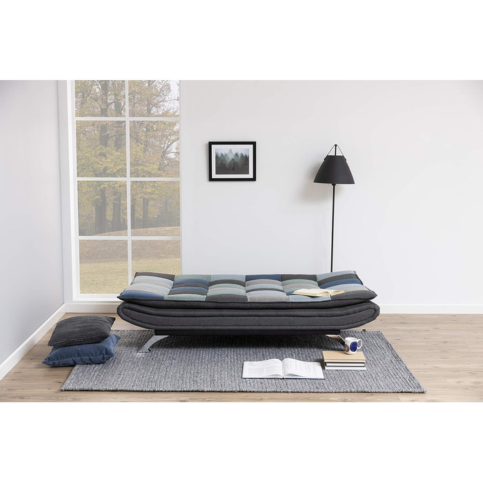 Диван-ліжко AC Design Furniture Jasper, синьо-сірий колір печворк, розкладний диван з 3 положеннями відкидання, сучасний 3-місний без підлокітників, оббитий хромованими ніжками, Д 196 x В 91 x Г 98 см, сірий/синій