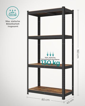 Окремостояча полиця SONGMICS, книжкова шафа, полиця для зберігання, 4 полиці, регульована, 40 x 80 x 160 см, вантажопідйомність до 520 кг, для кухні, вітальні, вінтажний коричнево-чорний GLR044B11 1 Вінтажний коричневий чорний