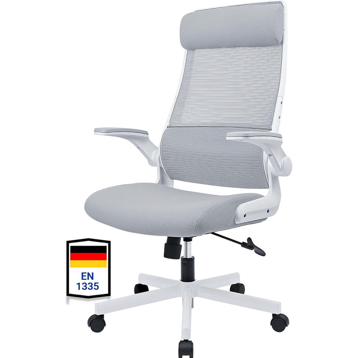Ергономічне офісне крісло з регульованим підголівником, сітчасте робоче крісло, складні підлокітники, широке сидіння, функція гойдання, відповідає стандарту EN 1335, вантажопідйомність 200 кг, сірий колір