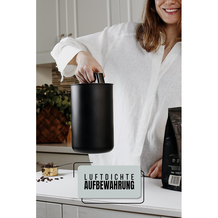Герметичний контейнер для кави KC Kitchen & Co. для 500 г кавових зерен контейнер з нержавіючої сталі з вакуумною кришкою та ароматичною герметичністю контейнер для зберігання кави, чаю, цукру, мюслі матово-чорний (1700 мл)