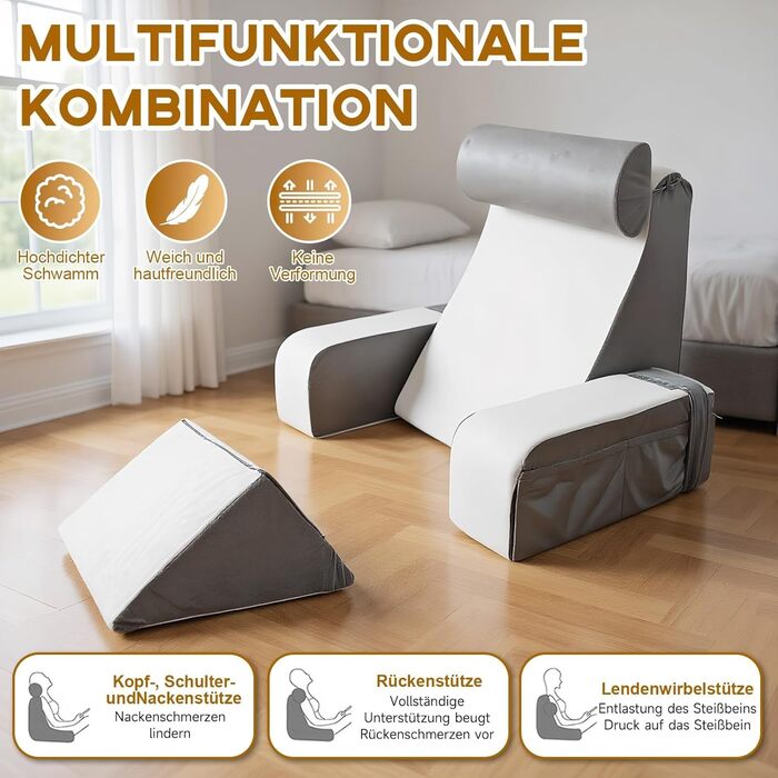 Подушка для читання зі знімним потиличним валиком та підлокітником, зручна та легка спинка для ліжка та дивана, спинка для дорослих, спинка з піни з ефектом пам&39яті для читання, перегляду телевізора та відеоігор