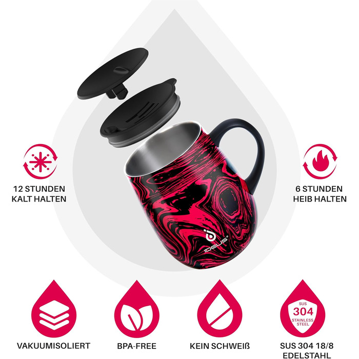 Кавова кружка Ideus 470 мл (16 унцій), двостінна вакуумно-ізольована кружка для кави та чаю з нержавіючої сталі з нековзною ручкою та розсувною кришкою, велика місткість (червона зебра)
