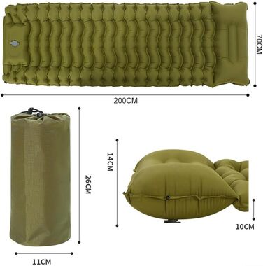 Надувний килимок для кемпінгу - Швидке надування ніг за 20 секунд, 200 x 70 x 10 см, комфортний килимок з картою тіла, зелений