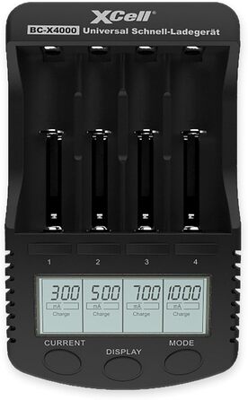 Швидкий зарядний пристрій XCell BC-X4000 з РК-дисплеєм (Д x Ш x В 157 x 92 x 33 мм, блок живлення 100-240 В, 300/500/700/1000 мА, незаповнений, сумісний з NI-MH/NI-Cd/Li-Ion акумуляторами) 141863