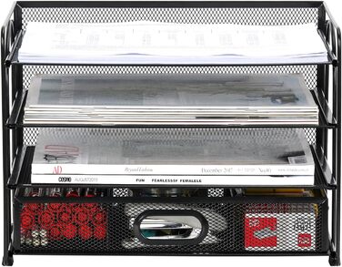 Металевий офісний органайзер EasyPAG з 4 відділеннями формату A4, тримач для документів, лоток для файлів, тримач для журналів, лоток для листів, органайзер для паперових журналів з шухлядою для канцелярського приладдя, чорний