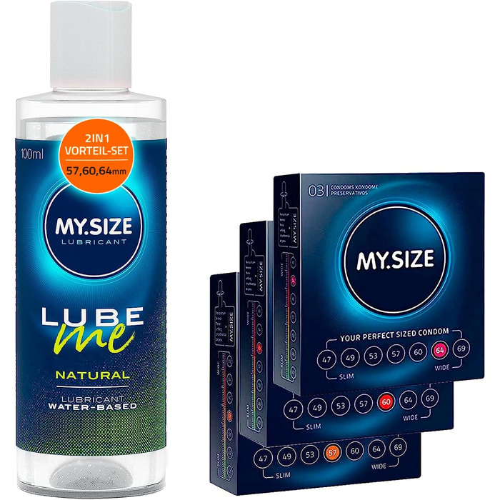 Набір MY.SIZE, презервативи 57, 60, 64 mm, лубрикант 100 мл, 9 шт