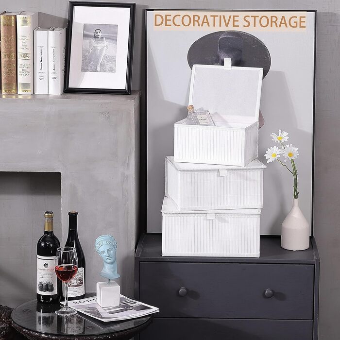 Біла скринька для зберігання Honygebia з кришкою декоративний бамбуковий кошик для зберігання, набір із 3 ротангових кошиків з кришками та тканими тканинними підкладками для ванної кімнати, кухні та організації полиць (великий/середній/малий)