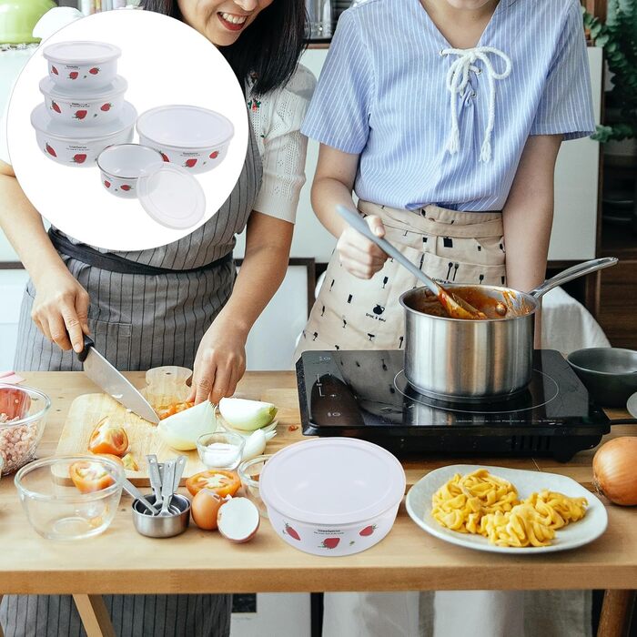 Набір емальованих мисок HOMSFOU з 5 предметів з кришками, мисками для зберігання продуктів та салатницями, 10-18 см, штабелюється, гладка поверхня, універсальний для пасти, супу, фруктів та рису, щоденне використання