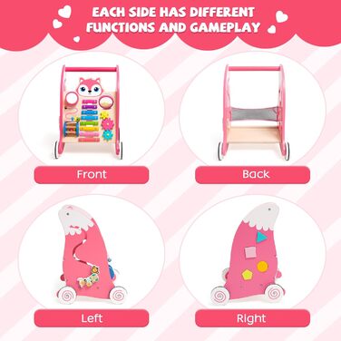 Дерев&39яні дитячі ходунки з іграшками Монтессорі, гумовими шинами, сортувальником фігур, шестернями, дзеркалами, ксилофоном та барабанами, підходить для дітей від 9 місяців, рожевого кольору