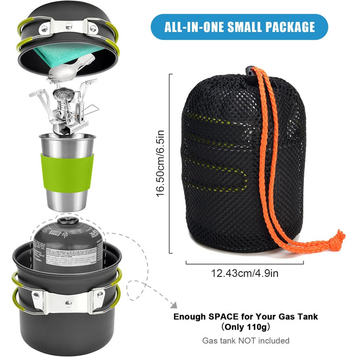 Набір посуду для кемпінгу Odoland, 10-предметний набір посуду для кемпінгу, алюмінієві кемпінгові горщики, чашки, складні столові прибори, міні-кемпінгова плита для пікніків та походів на свіжому повітрі, для 1 особи (A)