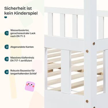Дитяче ліжко Treviolo House 70 x 140 см, дерев&39яне, з поручнями, каркас ліжка Монтессорі з рейковою основою, соснове дерево, біле, 70 x 140 см