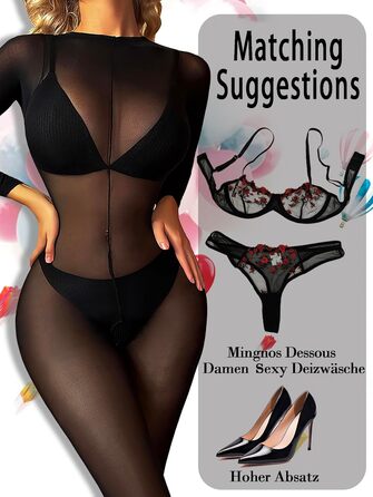 Сексуальний бодістокінг Mingnos для жінок, з відкритою інтимною зоною та довгим рукавом, чорний, універсальний розмір