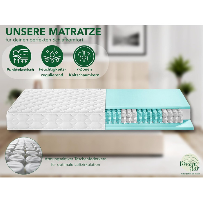 Матрац DREAMSTAR Ergo Flex Duo з пружинами Pocket Spring 90x200 см Ергономічний 7-зонний матрац Сертифіковано Oeko-Tex Рівні жорсткості H2 (0-80 кг) та H3 (80-100 кг) Гіпоалергенний та антибактеріальний Висота 17 см 90 x 200 см