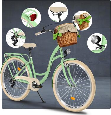 Велосипед Milord Comfort з плетеним кошиком, голландський велосипед, жіночий велосипед, міський велосипед, вінтажний, 26 дюймів, м&39ятно-кремовий, 7 швидкостей, зелений