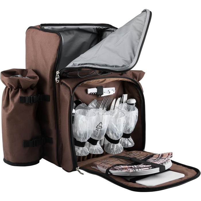 Рюкзак для пікніка Anndora на 4 особи з вбудованою сумкою-холодильником, коричневий з синіми колами, включаючи набір аксесуарів з 29 предметів