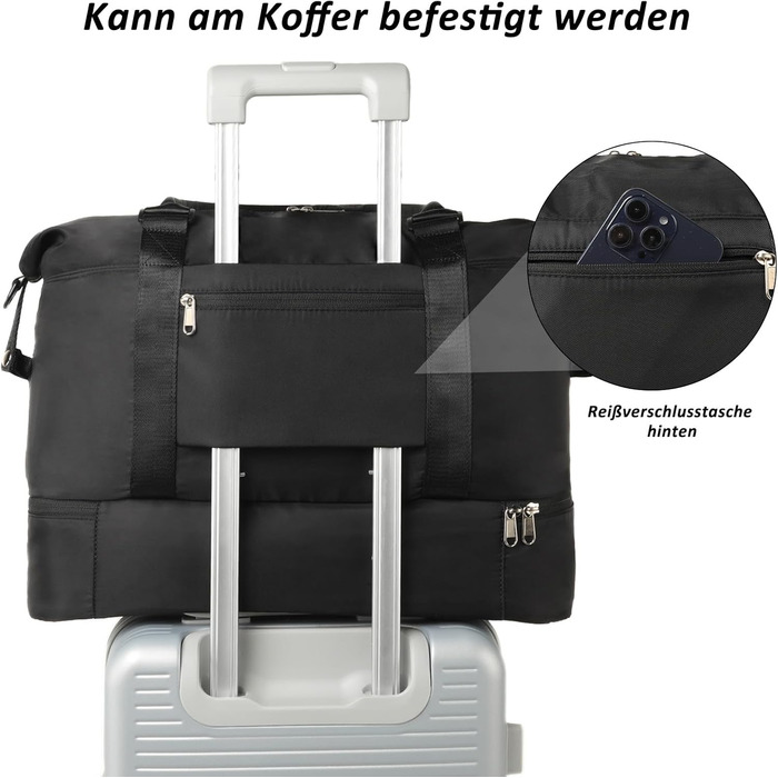 Дорожня сумка TANTOMI Ручна поклажа, Жіноча спортивна сумка, 46x23x32 см, Сумка для ручної поклажі, Сумка на вихідні, Водонепроникна дорожня сумка, Сумка для тренувань, Сумка для лікарні, Сумка для народження, Підходить для відпочинку, Кемпінгу, Чорна 1-2