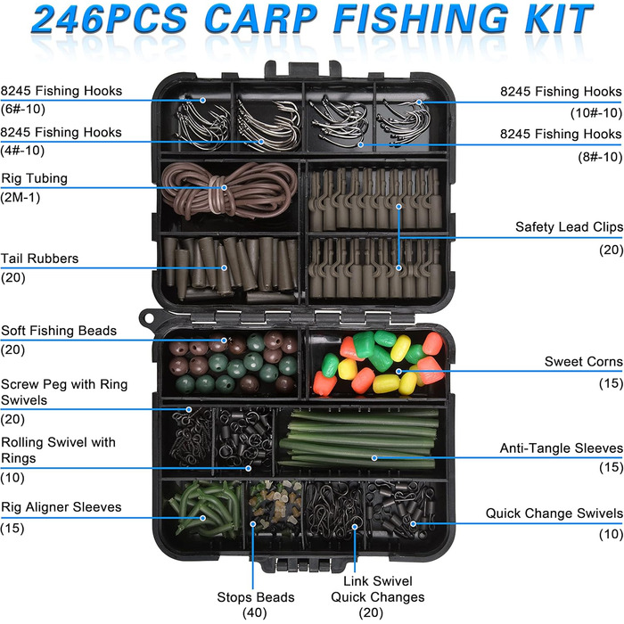 Набір снастей для риболовлі на коропа з 246 предметів, включаючи гачки для риболовлі на коропа, вертлюги для риболовлі на коропа, гільзи проти заплутування, намиста для риболовлі, мозолі, трубки для оснастки для риболовлі на коропа.