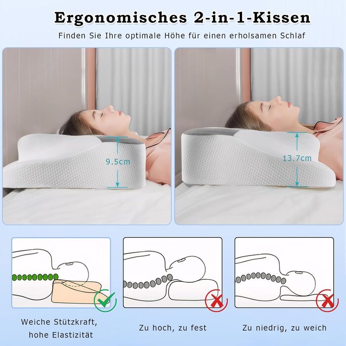 Ортопедична подушка, подушка з піни з ефектом пам&39яті, подушка для підтримки шиї для полегшення болю в шиї, дві висоти, ергономічна подушка для сну на спині, боці та животі, 64x414 см