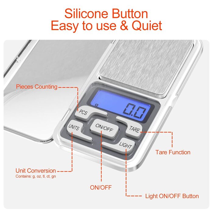 Кухонні ваги цифрові професійні, 0,1 г-500 г, міні цифрові ваги багатофункціональні з рідкокристалічним дисплеєм та функцією тари,