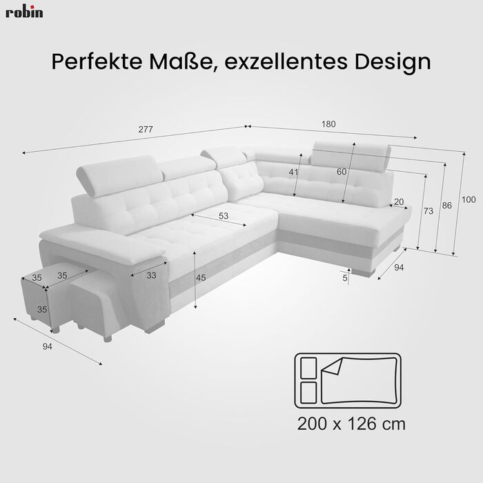Кутовий диван Robin Inspire Grand з функцією сну, відділенням для зберігання речей, підголівниками, функцією відкидання спинки, 2 табурети, L-подібний диван, розкладний диван, окремостоячий кутовий диван, розкладний диван, меблі для вітальні, секційний ди