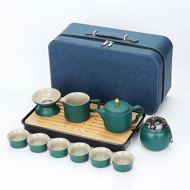 Набір для чаювання Смарагдова подорож, китайський чайний сервіз, портативний набір для чаю Кунг-Фу, 7 предметів у кейсі
