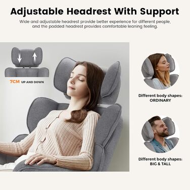 Ергономічне офісне крісло IWMH з підставкою для ніг та поперековою опорою, крісло керівника 200 кг XXL, обертове крісло з підлокітниками та підголівником, тканина з регульованою висотою (сірий колір)