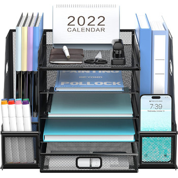 Органайзер для робочого столу з тримачами для файлів, 5-ярусний органайзер для паперів з шухлядою, сітчастий настільний органайзер для файлів з тримачем для журналів для офісного органайзера - чорний