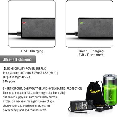 Зарядний пристрій LEICKE для електросамокатів та електровелосипедів 36 V / 42 V, 2 A, 84 W