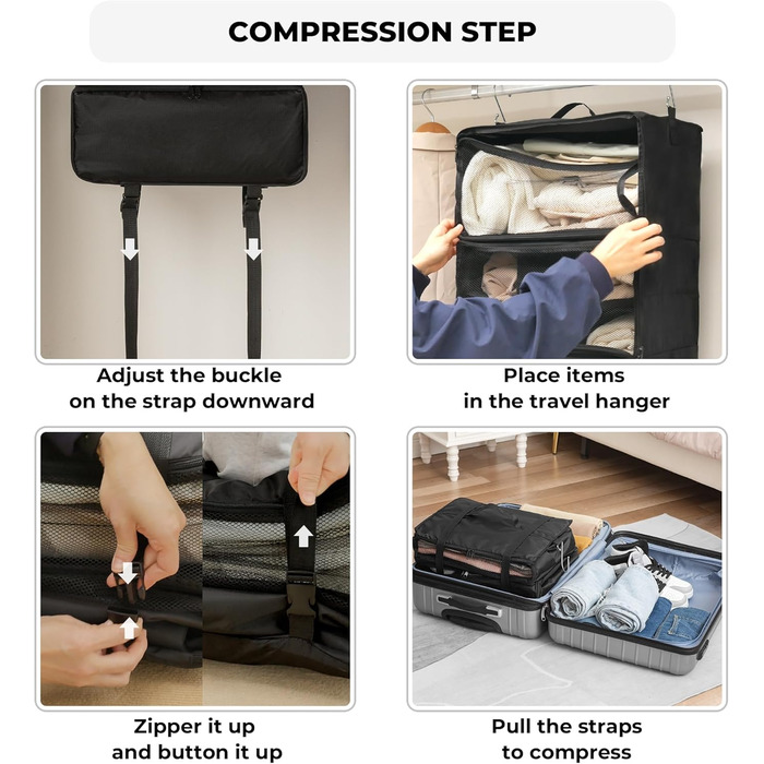 Підвісний органайзер для валізи з 3 відділеннями, складаний органайзер для гардеробу, портативна дорожня полиця, чорний підвісний органайзер-шафа, портативний підвісний дорожній органайзер середнього чорного кольору