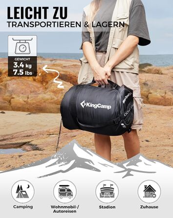 Пуховий спальний мішок KingCamp для дорослих, теплий легкий зимовий спальний мішок від 4C до -20C, 100 бавовняна тканина, 4-сезонний спальний мішок, підходить для кемпінгу та походів, 220x80 см, комфорт 1C / гранична температура -5C / екстремальна темпера