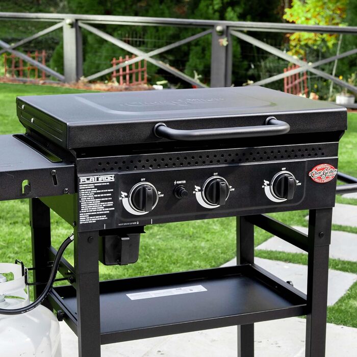 Газовий гриль-планча Char-Griller Flat Iron на 3 пальники, складаний гриль із керамічною сталевою поверхнею, вітрозахистом, 3355 см, чорний