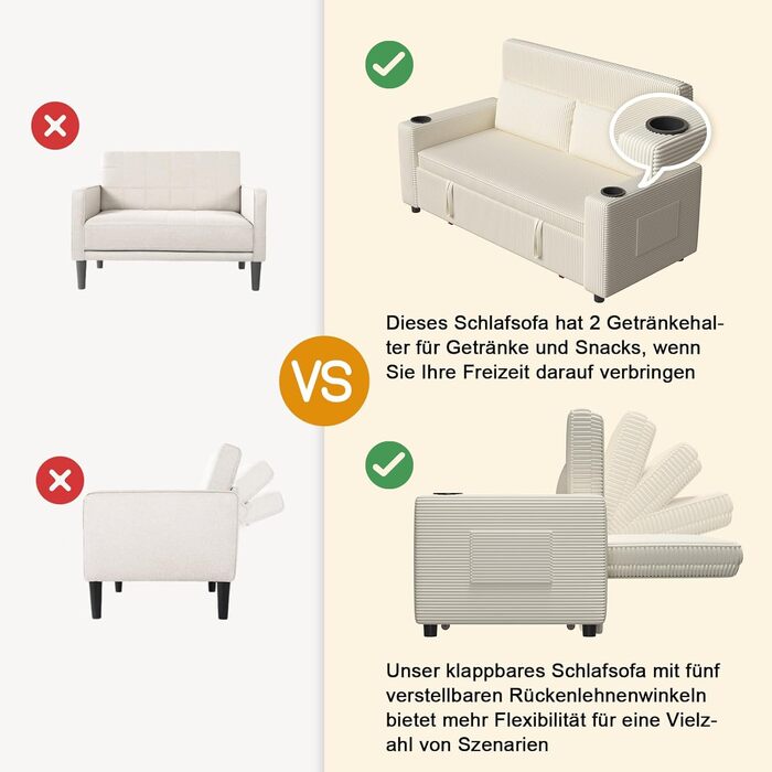 Диван Devoko з функцією сну, розкладний диван-ліжко з регульованою спинкою, невеликий диван-ліжко, розкладний диван, 2-місний диван для вітальні та спальні, бежевий 75Г x 160Ш см