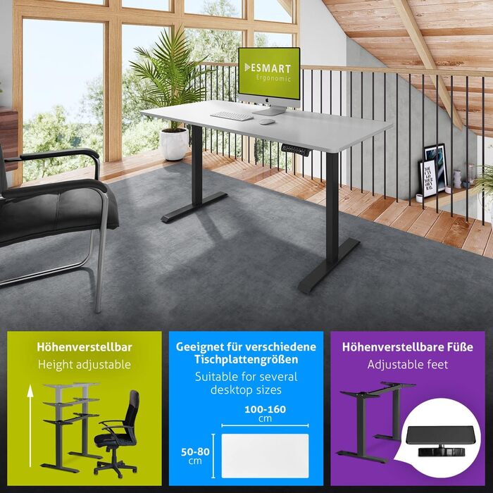 Чорний - Ергономічна рама для столу з функцією сидячи/стоячи, безступінчасте електричне регулювання висоти 71-121 см, 3 слоти пам&39яті, порт заряджання USB, нагадування про активність, плавний старт/зупинка, 121B