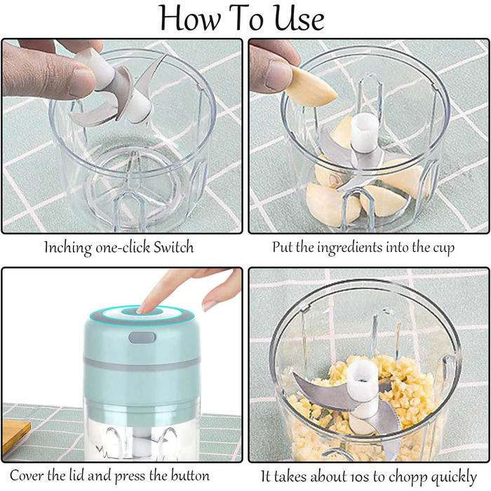 Універсальний подрібнювач Mini Electric Knob Crusher з 2 чашками, подрібнювач Multi-Chopper 250 мл і 100 мл також для м'яса, перцю чилі, фруктів - заряджається USB (синій)