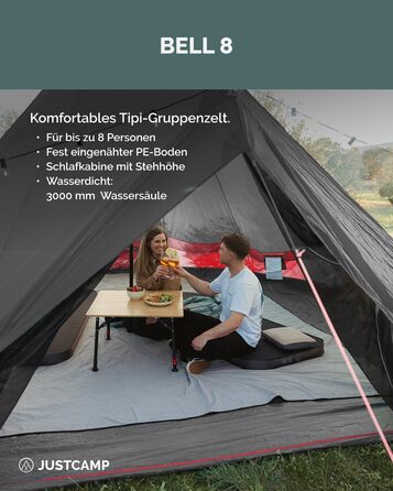 Намет JUSTCAMP Bell Tipi для сімей та груп - 4 розміри (4-12 осіб) - Водонепроникний (3000 мм) - Висота стоячи - 2 кольори (сірий, м&39ятний) 8 осіб - Сірий