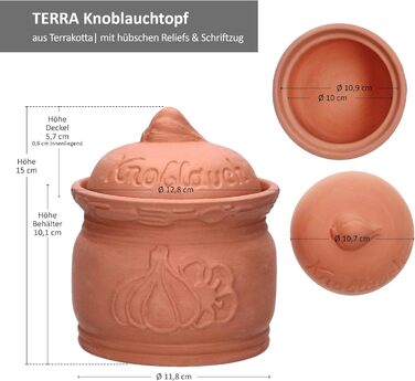 Горщик для часнику MamboCat Terra з теракоти Ø 12,8 см Глиняний горщик з кришкою для вашої кухні Гарної форми контейнер для зберігання з рельєфним малюнком та написами Ідеально підходить для тривалого зберігання