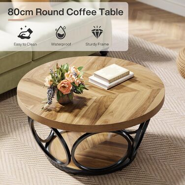 Круглий журнальний столик Tribesigns, круглий дерев&39яний стіл 80 см, великий круглий стіл для вітальні у фермерському стилі з 2-ярусним місцем для зберігання, сучасний простий коричневий чайний столик (під дерево)