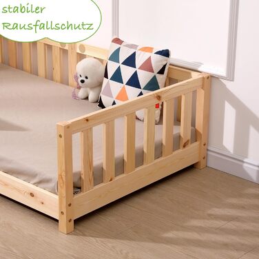 Дитяче ліжко ecomi 80x160 із захистом від падіння, Ліжко на підлозі, Рейкова основа для дітей, Дитячі ліжка для дівчаток та хлопчиків, Масив сосни з натуральним покриттям, 80 x 160 см