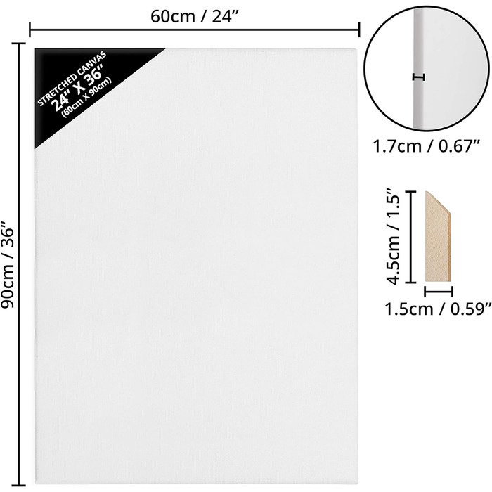 Полотно з 3 предметів для живопису 60 x 90 см - Великий набір натяжних полотен з дерев'яними клинами Натяжне рамне полотно - підходить для акрилового та олійного живопису, а також для ескізів та малюнків 3 шт.