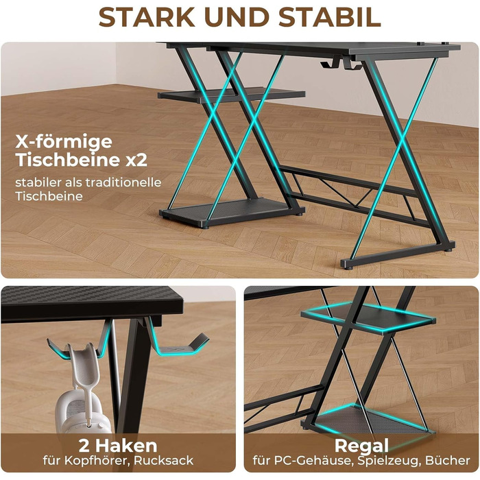 Ігровий стіл SEVEN WARRIOR зі світлодіодним освітленням та розетками, ігровий стіл з підставкою для монітора, комп&39ютерний стіл з 2 гачками, ідеально підходить для кабінету, спальні, вітальні, 100 x 47 x 87 см