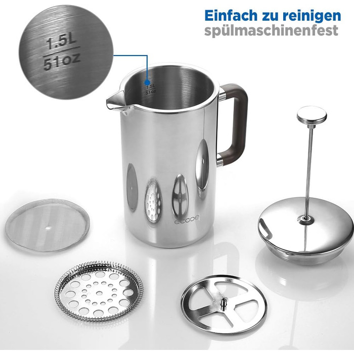 Кавоварка ecooe 1.5 л френч-прес з подвійними стінками 18/10 нержавіюча сталь без іржі з 3 фільтрами 1.5 л великої ємності