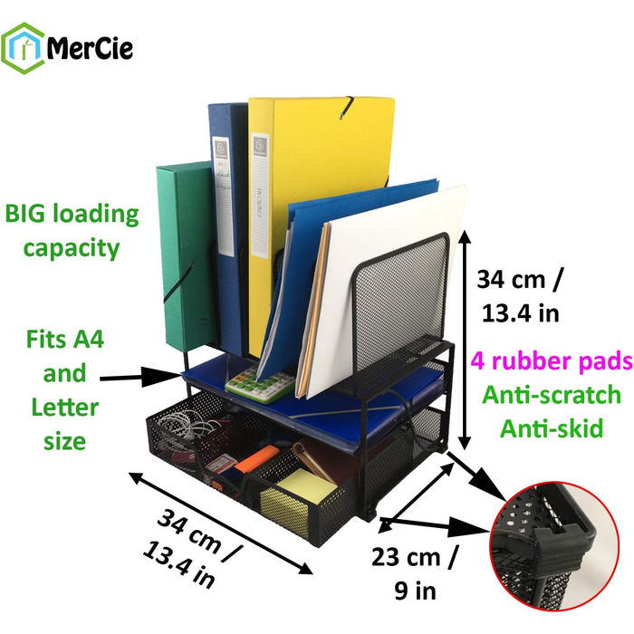 Настільний органайзер виготовлений з металевої сітки чорного кольору. МІЦНИЙ органайзер з нековзними стійкими до подряпин ніжками. ЕЛЕГАНТНИЙ дизайн. Висувний ящик для канцелярського приладдя. 1 горизонтальне відділення 5 підставок для doc letter