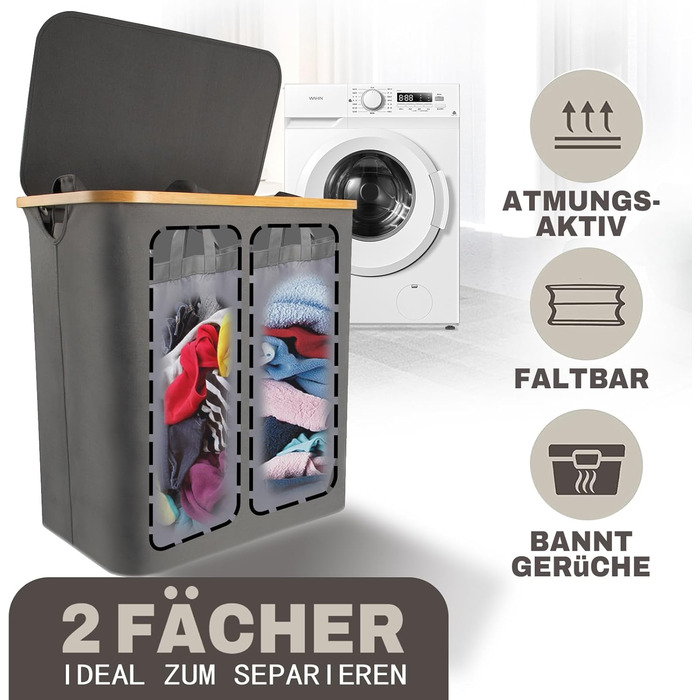Кошик для білизни з 1 кришкою 2 відділення 150 л Бамбукова тканина Сірий Великий XXL - Кошик для білизни Сірий Темно-сірий Антраци