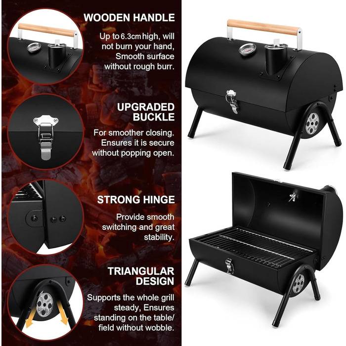 Портативний вугільний гриль для кемпінгу з кришкою, компактний настільний гриль з термометром, регульованим надходженням та виведенням повітря, для приготування їжі на відкритому повітрі, вечірок, кемпінгу та пікніків