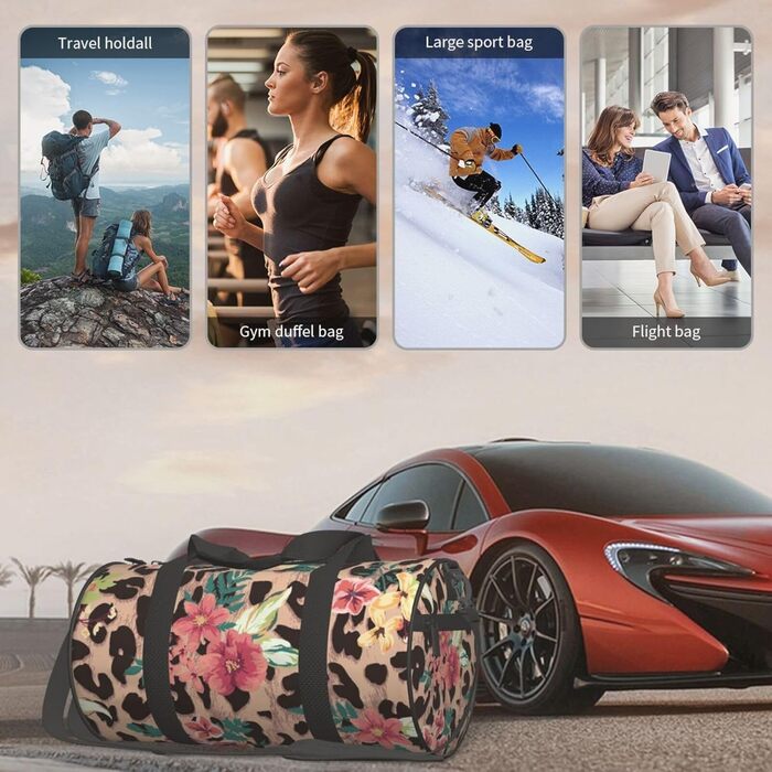 Спортивна сумка, дорожня сумка, вінтажний стиль, леопардовий принт, квітковий малюнок, сумка для подорожей на вихідні, чорний колір, універсальний розмір