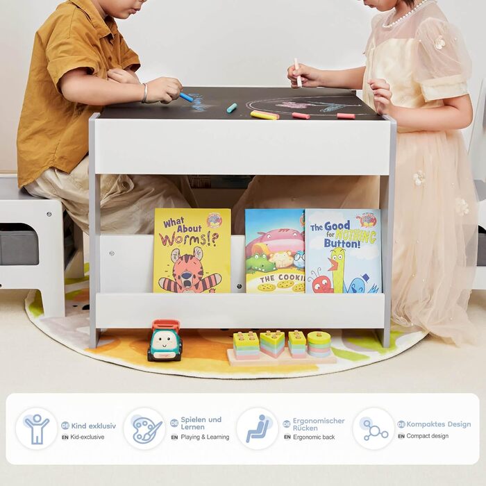 Дитячий стіл Yorbay з 2 стільцями, дерев&39яний дитячий комплект меблів з місцем для зберігання та книжковими полицями, стіл для малювання 3 в 1, стіл для активності та стіл для гри в клас, дитяча кімната, ігрова кімната, для дошкільнят (сірий)