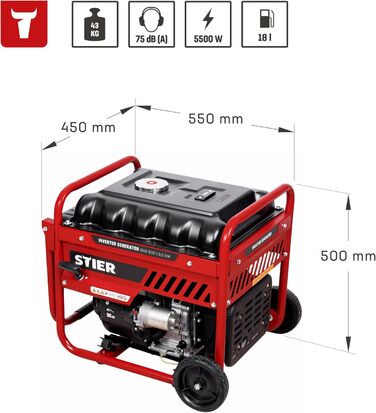 Інверторний генератор STIER SNS-500 5,0 кВт 75 дБ(A), Бензиновий аварійний генератор, Не потребує особливого обслуговування, для використання на вулиці, підходить для заряджання акумуляторів, компактний