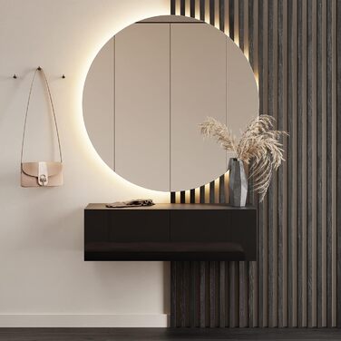 Вішалка для передпокою Planetmbel 100 см вкл. дзеркало кругле з підсвічуванням 100 см, чорна, меблі для передпокою з дзеркалом, 37